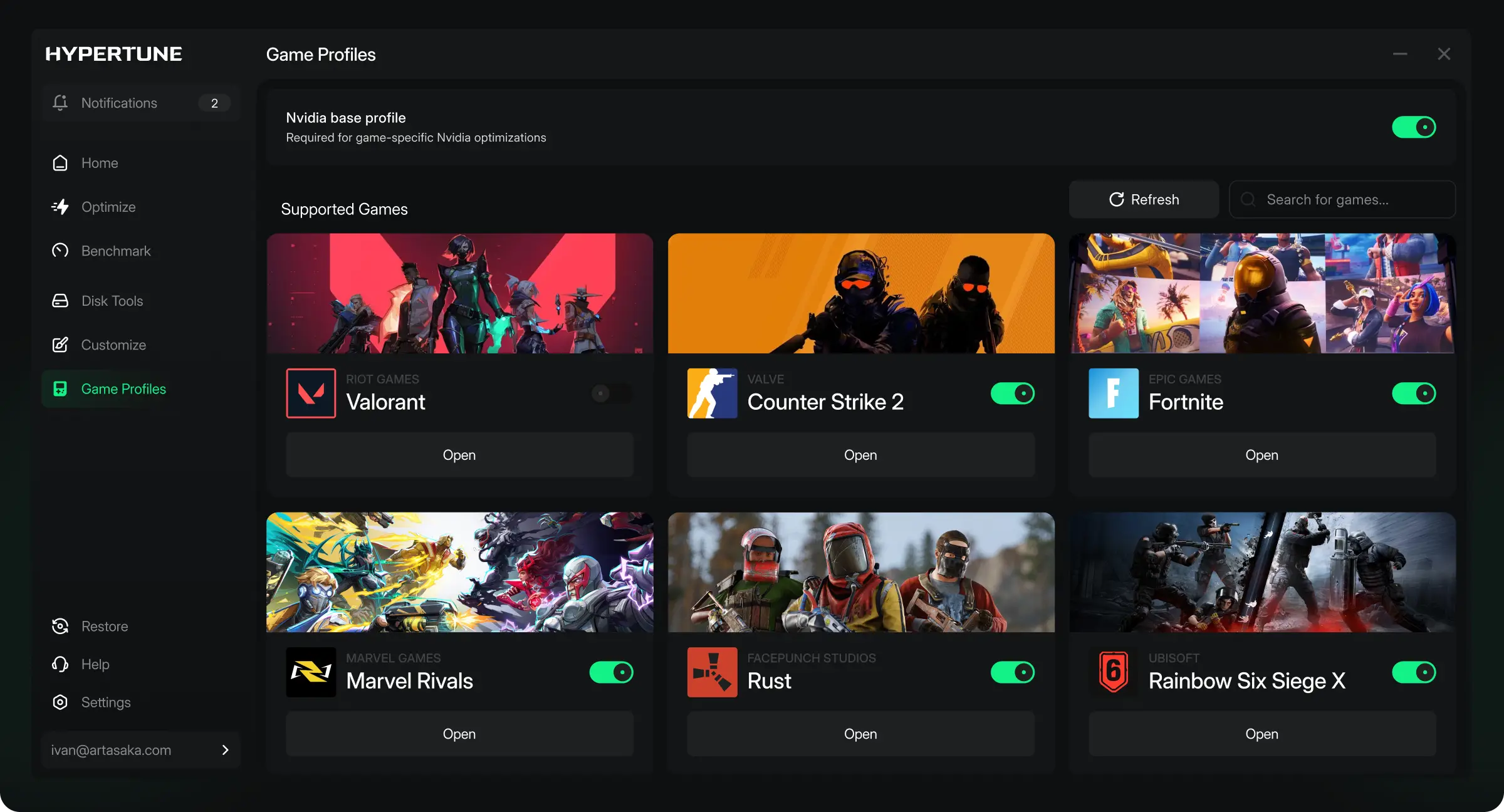 Hypertune app Game Profiles screen, with Valorant, Counter-Strike 2, Fortnite, Marvel Rivals, Rust and Rainbow Six Siege listed