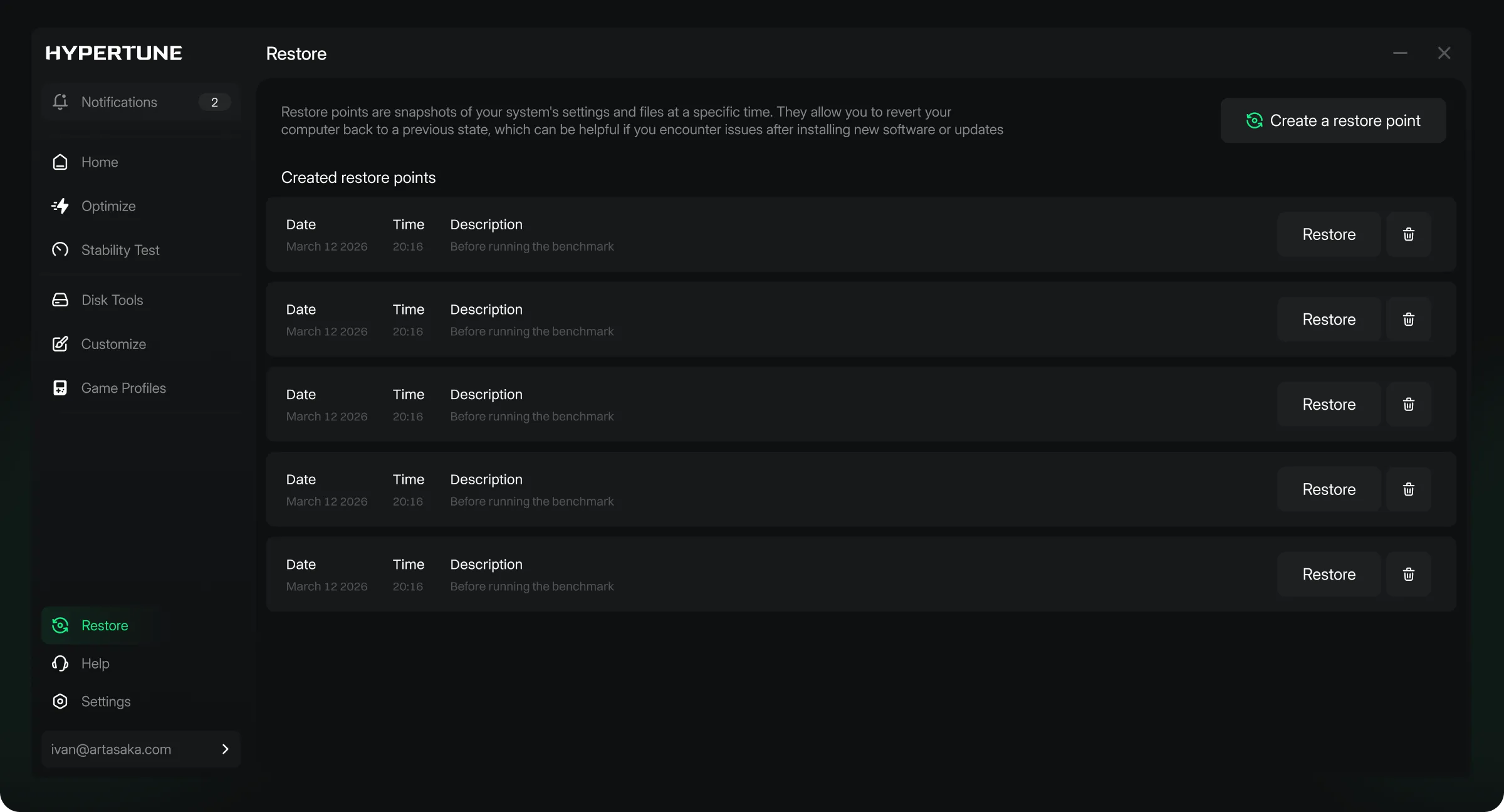 Hypertune app Restore screen, with a list of restore points and a Restore button on each row
